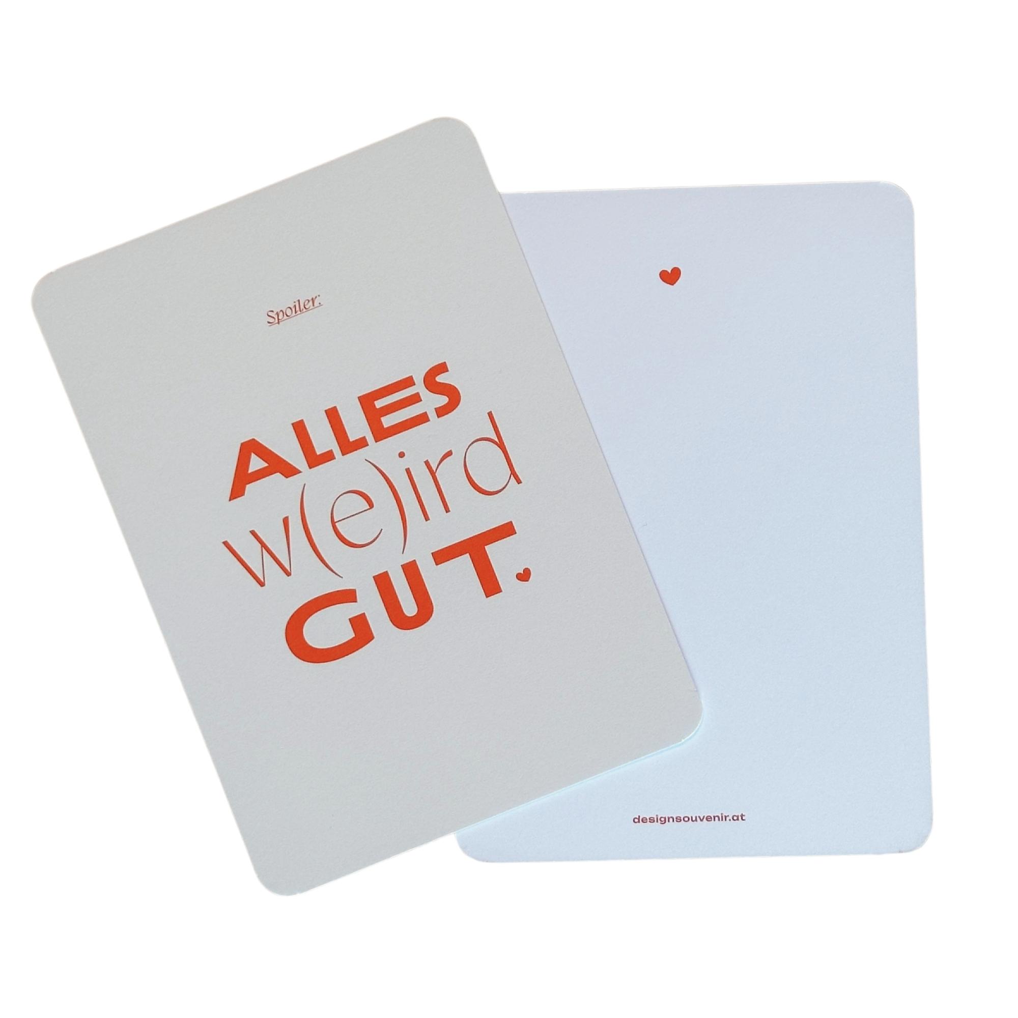 Bild zeigt Vorder- & Rückseite von Kartenmotiv mit Schriftzug "Alles wird gut".