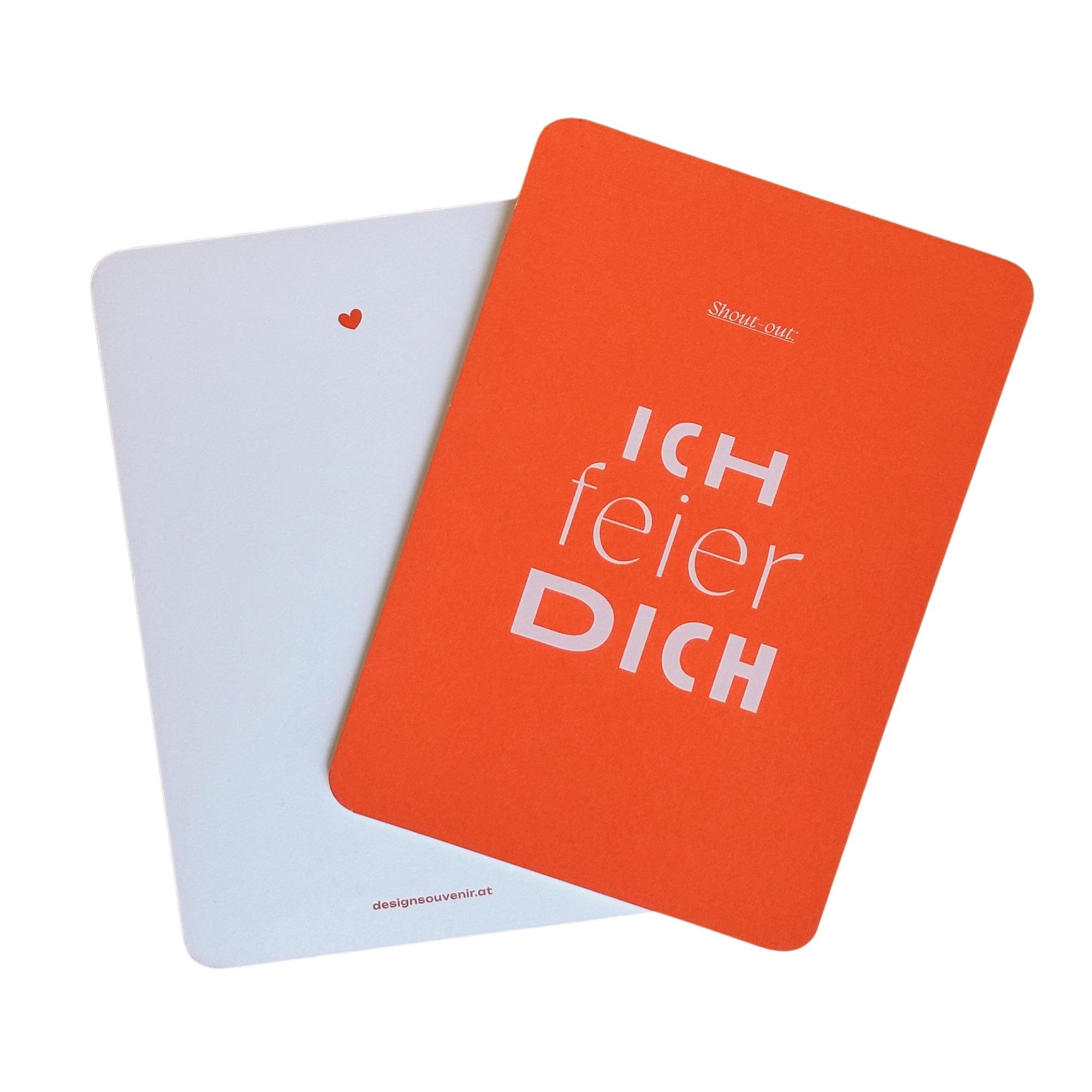 Bild zeigt Vorder- & Rückseite von Kartenmotiv mit Schriftzug "Ich feier dich".